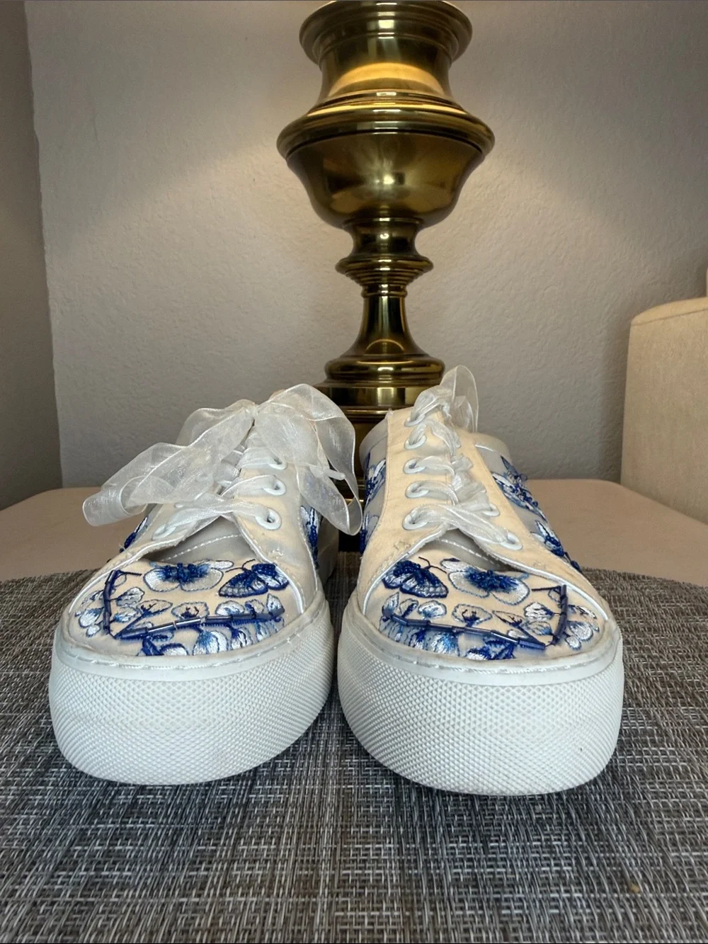 Betsey Johnson White Sneakers with Blue Floral Embroidery